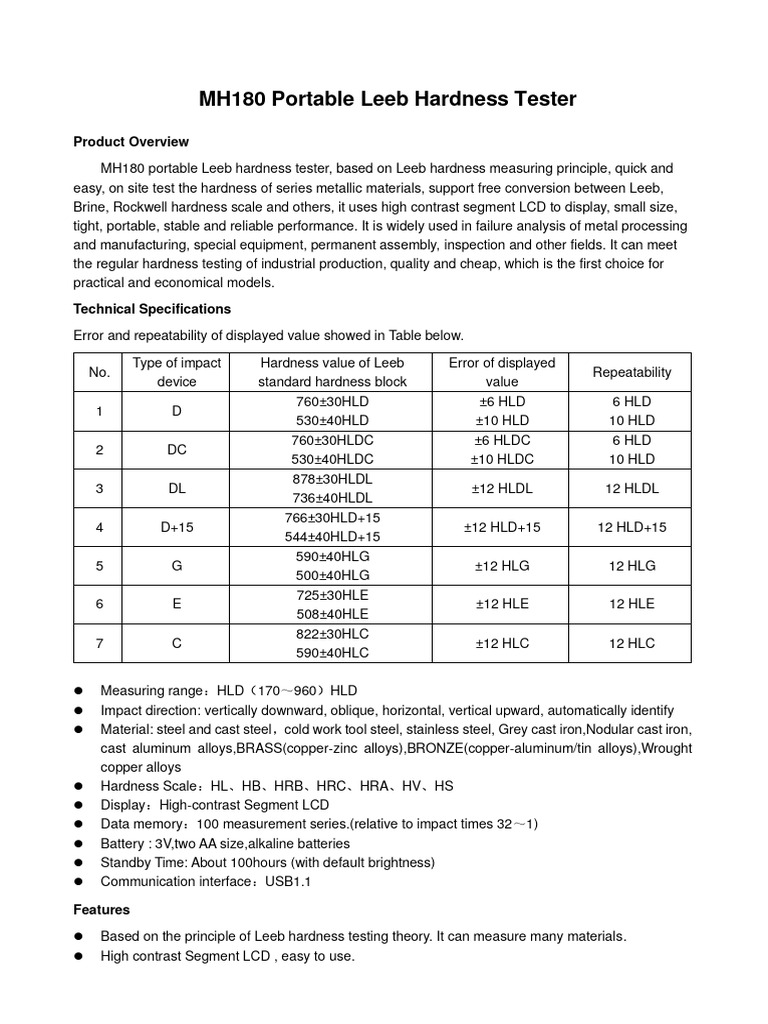 MH180 Portable Leeb Hardness Tester Catalog | PDF | Hardness | Steel