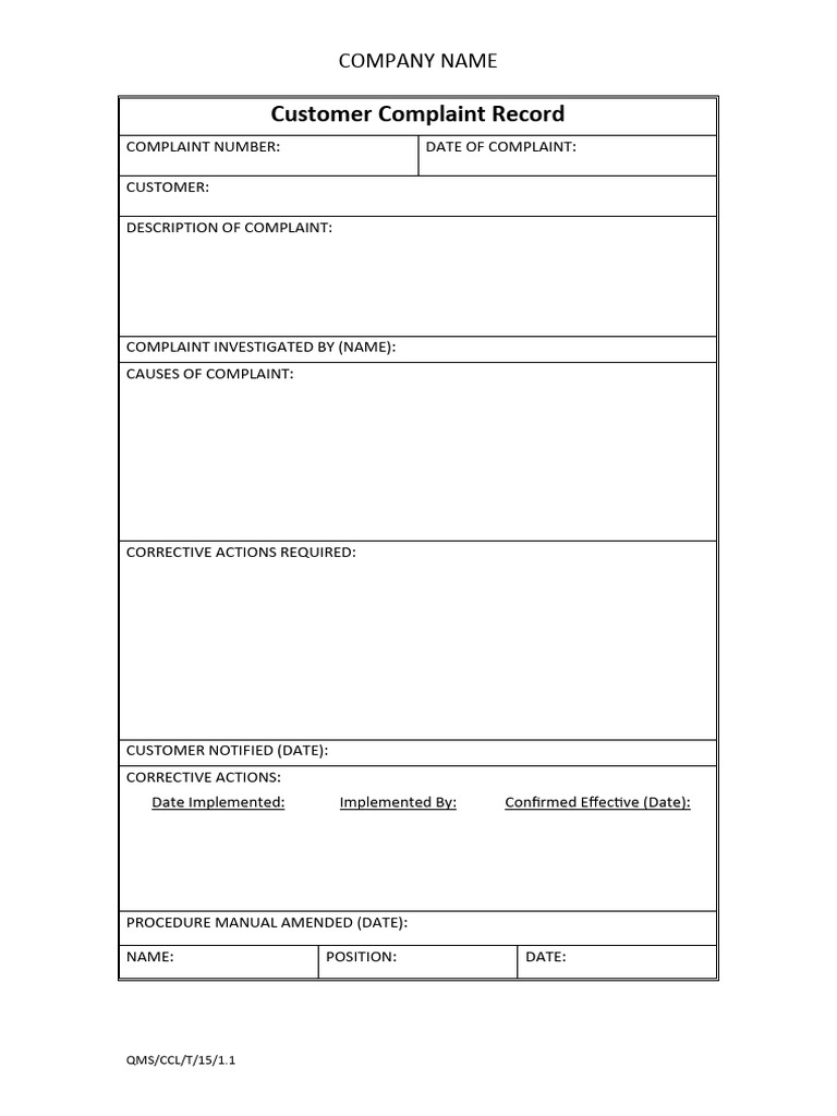Customer Complaint Record Template | PDF | Law