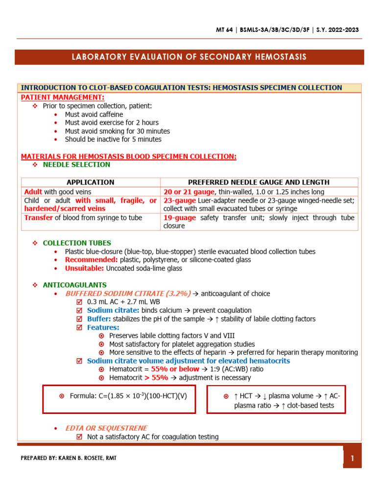 Hemostasis Specimen Collection Guide | PDF | Coagulation | Platelet