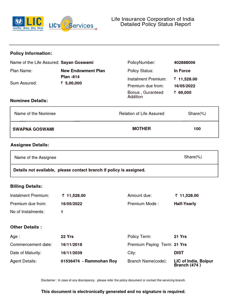 Life Insurance Corporation of India Detailed Policy Status Report | PDF ...