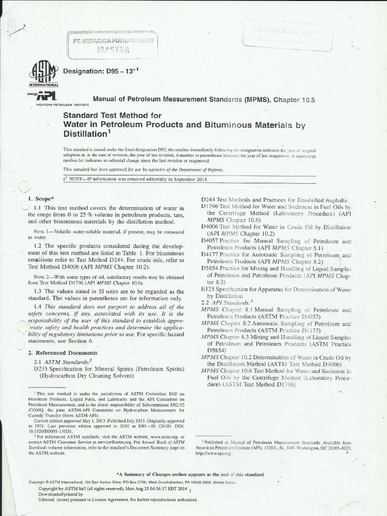 ASTM D95-13e1 | PDF