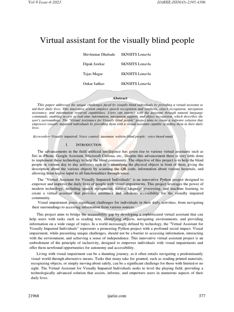 Virtual Assistant For Visually Blind People Ijariie21968 | PDF | Speech ...