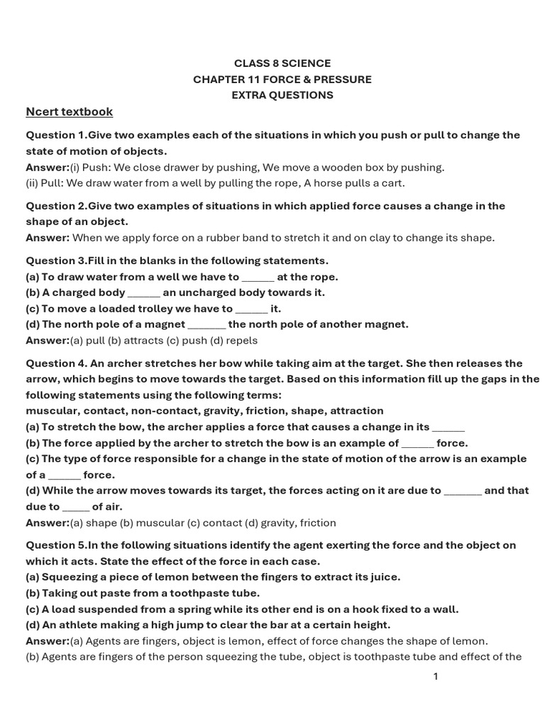 Class 8 Force and Pressure Extra Questions | PDF | Force | Pressure
