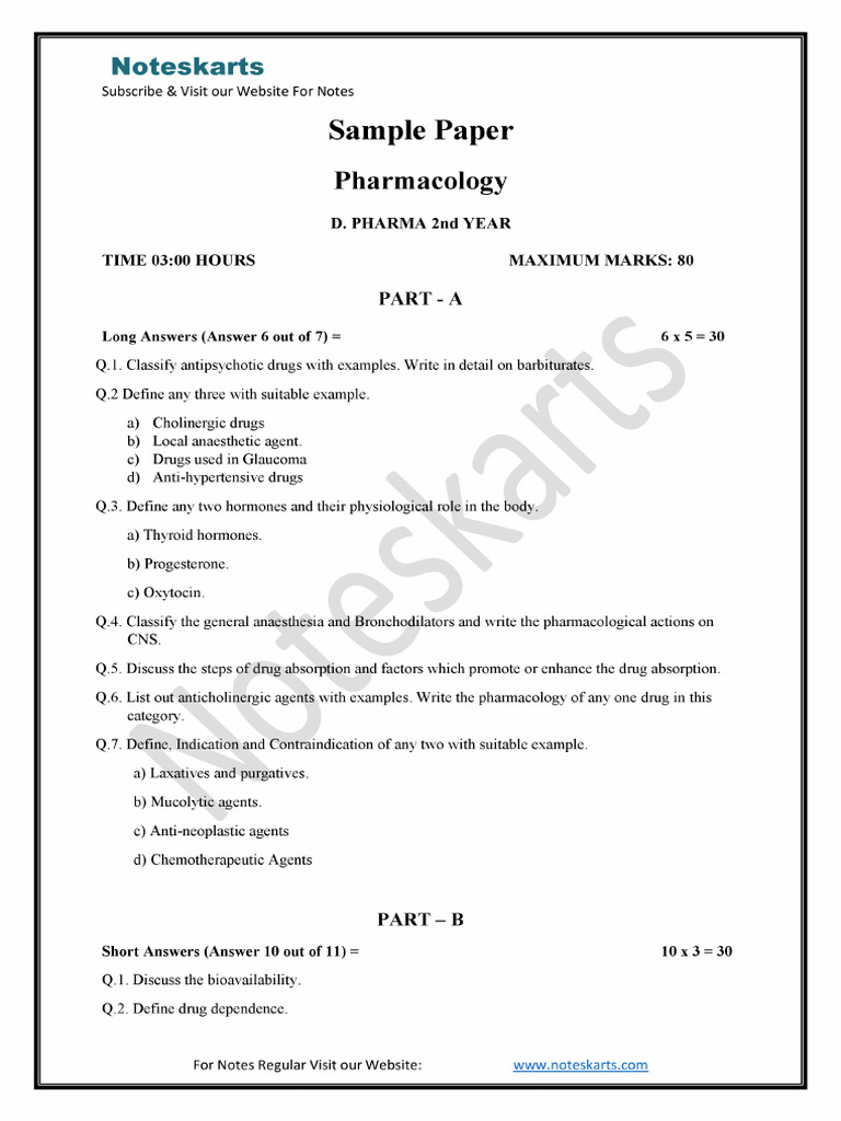 Noteskarts Pharmacology Sample Paper by Noteskarts | PDF