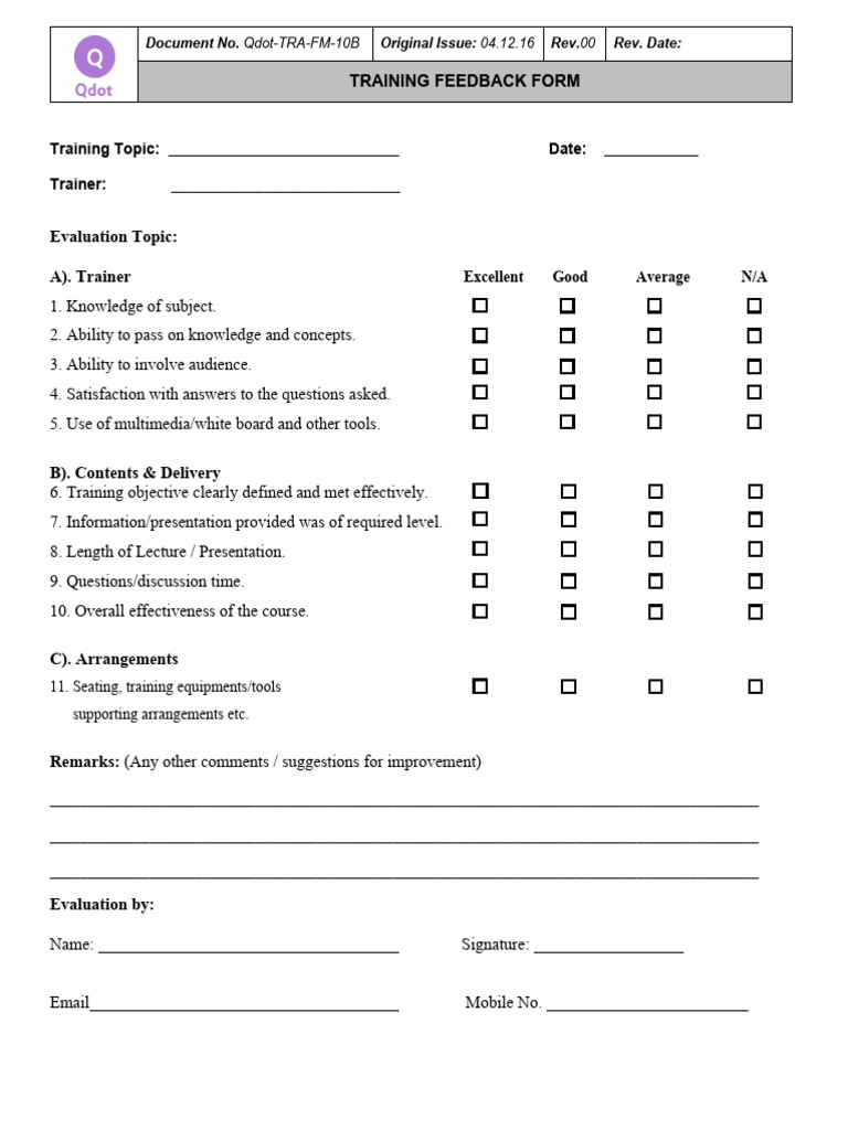 Qdot-TRA-FM-10B - Training Feedback Form | PDF