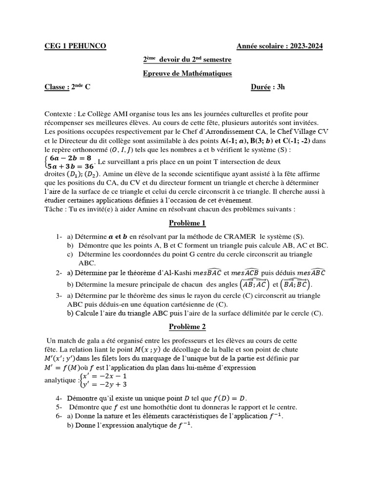 Épreuve de Mathématiques 2nde C | PDF | Triangle | Cercle