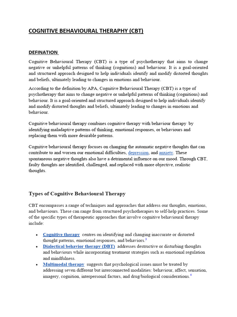 Cognitive Behavioural Theraphy (CBT) : Defination | PDF | Cognitive ...