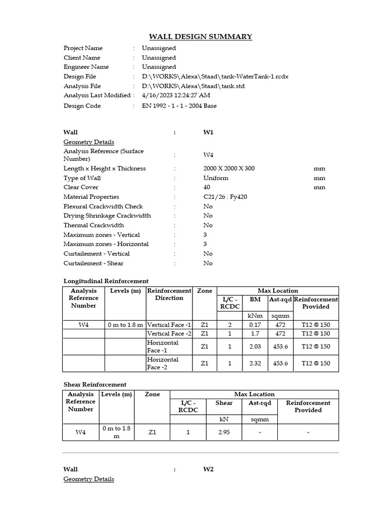 Water Tank Wall Design Summary | PDF | Building Engineering | Applied ...