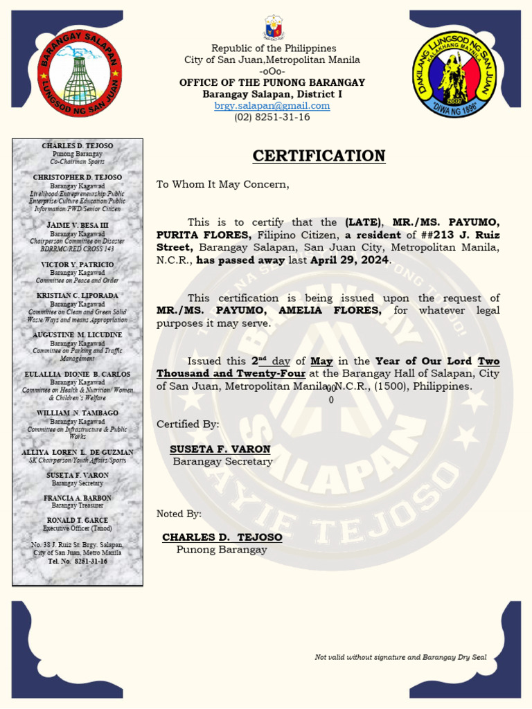 Certification 2024 Death and Residency Draft | PDF | Metro Manila ...
