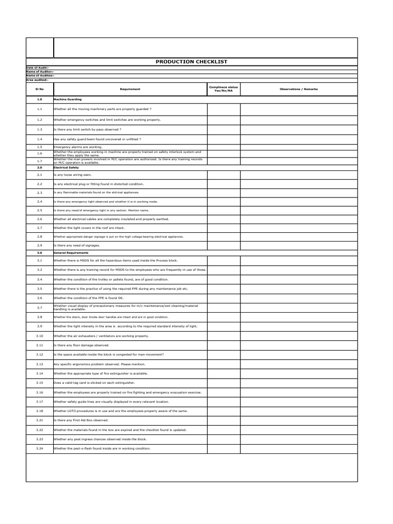 Production Floor Audit Checklist | PDF | Electrical Wiring | Switch