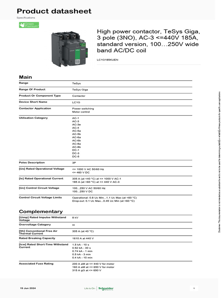 Schneider Electric - TeSys-Giga-contactors - LC1G185KUEN | PDF ...