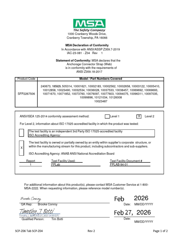 MSA Declaration of Conformity: SCP-Z06 Tab SCP-Z04 Rev 2 Page 1 of 2 | PDF