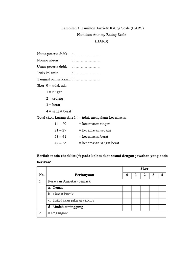 (HARS) Hamilltan Anxiety Rating Scale) | PDF