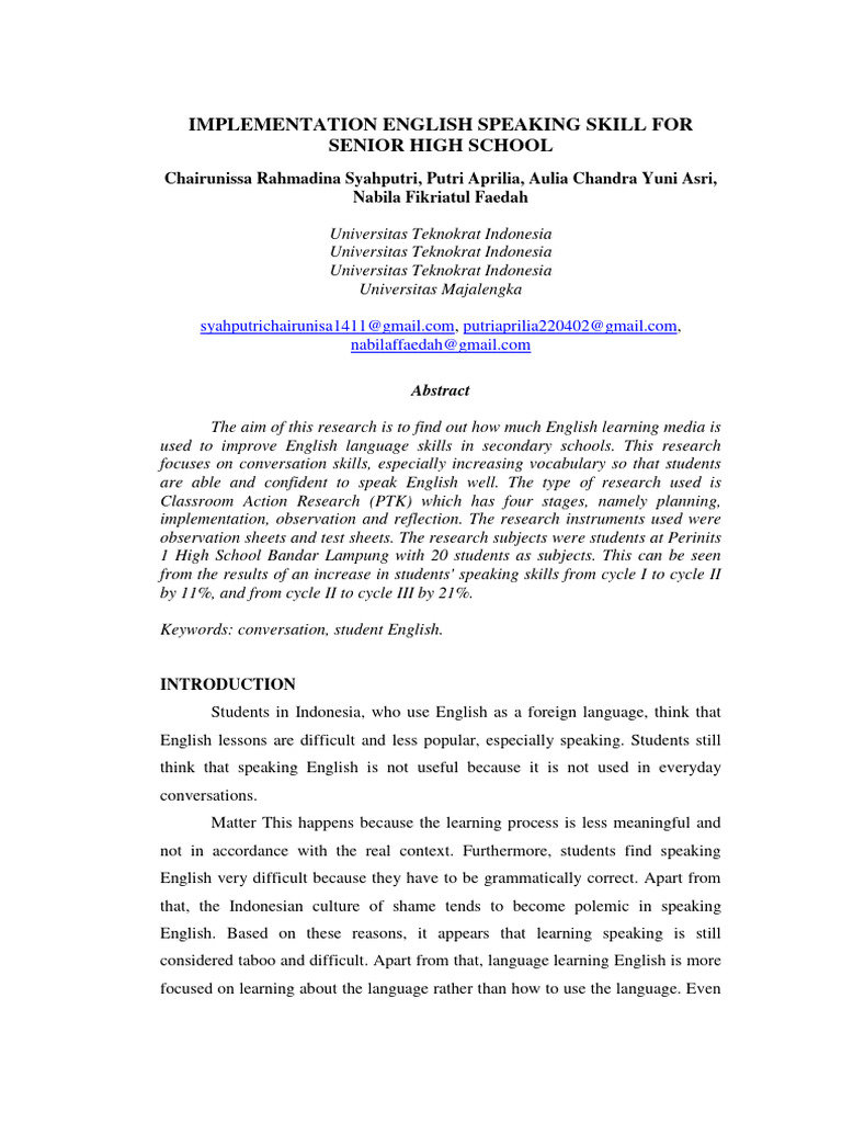 Enhancing English Speaking Skills in High School | PDF | Learning ...