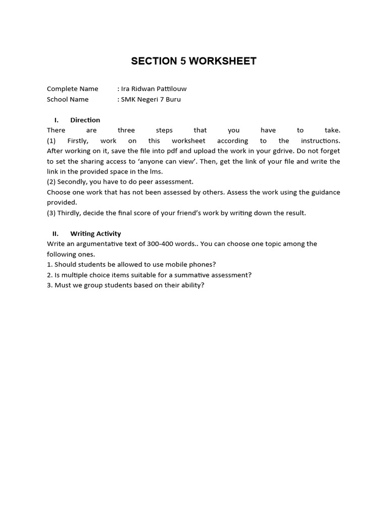 SECTION 5 - III.F WORKSHEET Basma | PDF | Multiple Choice | Educational ...