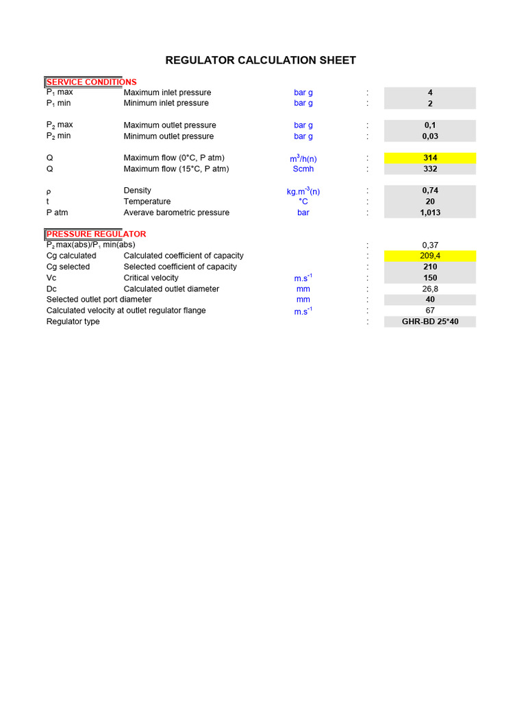 Pressure Regulator Specifications & Calculations | PDF