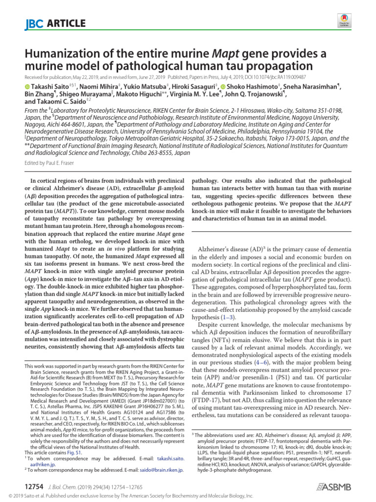 Humanization of The Entire Murine Mapt Gene Provides A Murine Model of ...