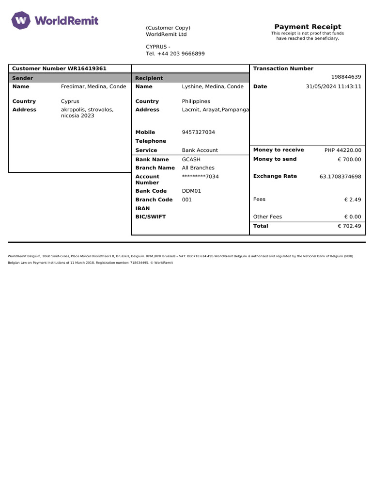 WorldRemit Payment Receipt Details | PDF | Service Industries | Money