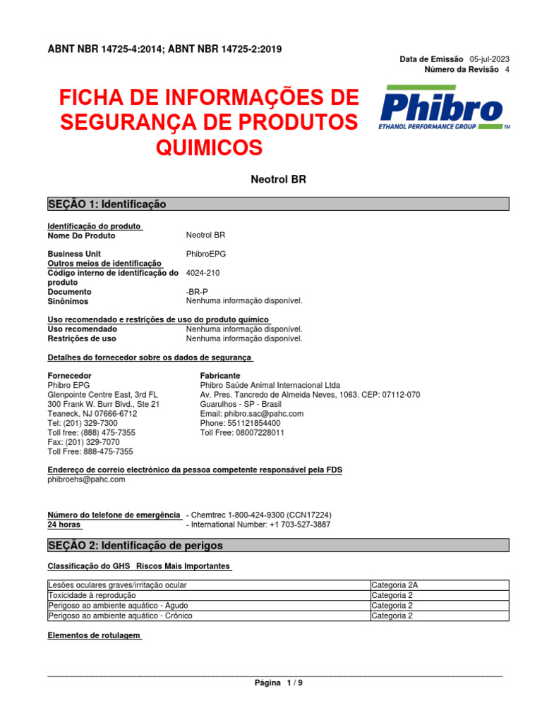 Ficha de Segurança Neotrol BR | PDF | Vapor | Densidade