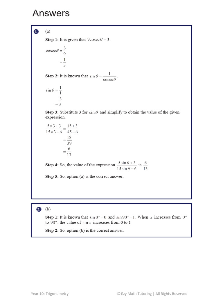 Year 10 Trigonometry Test Solutions | PDF | Euclidean Geometry ...