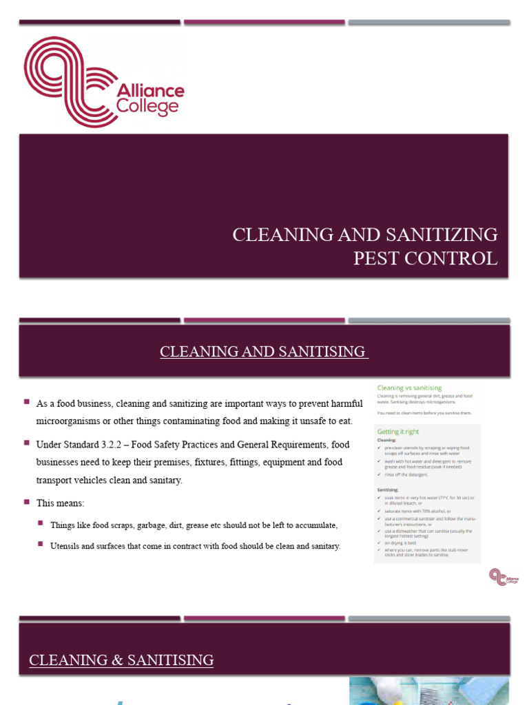 Lesson 3 Cleaning Sanitising Pest Control | PDF | Disinfectant | Bleach