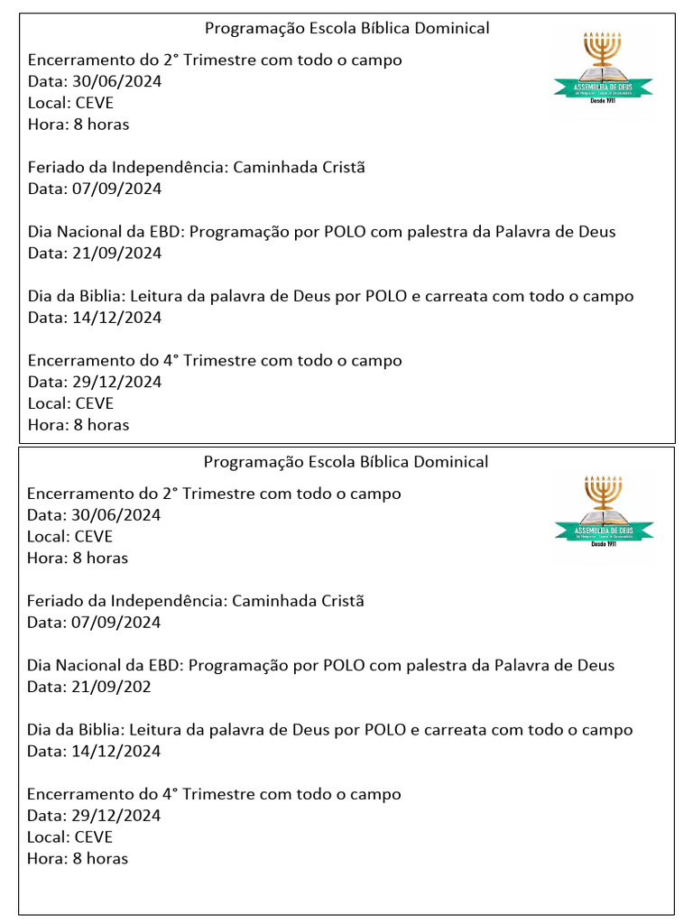 Programação Escola Bíblica Dominical | PDF