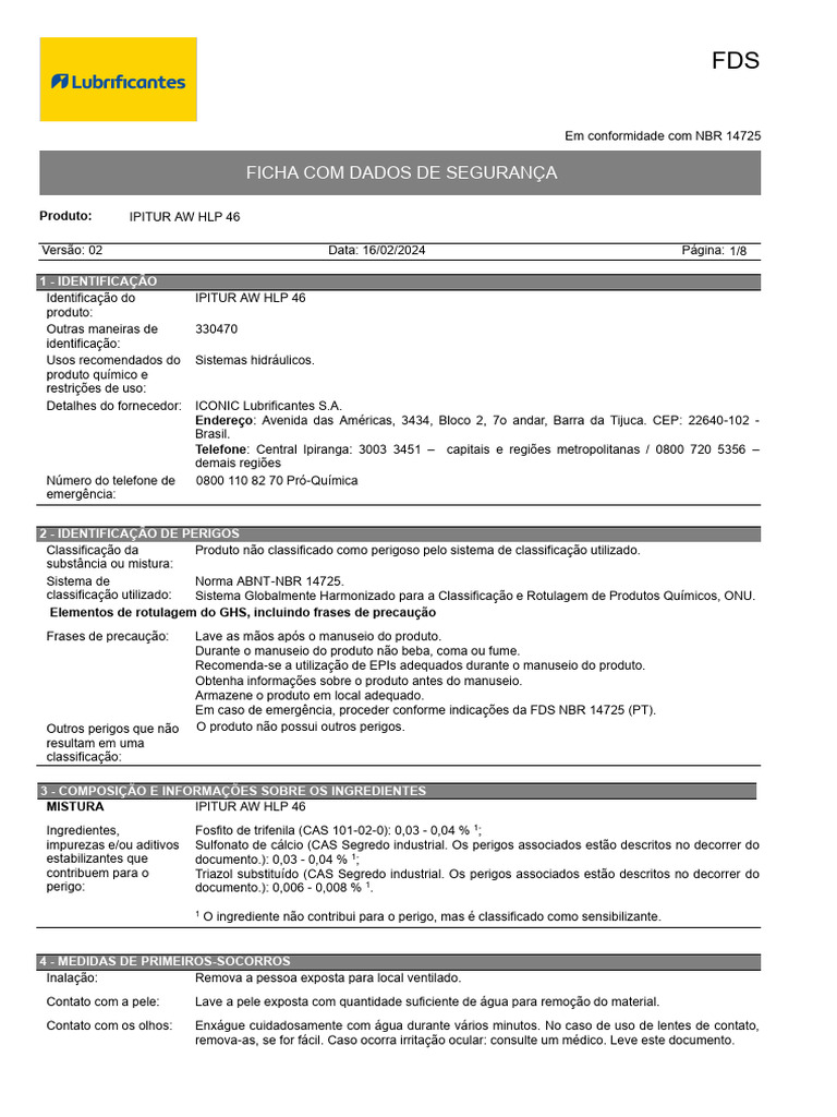 Ficha Com Dados de Segurança Ficha Com Dados de Segurança: 1 ...