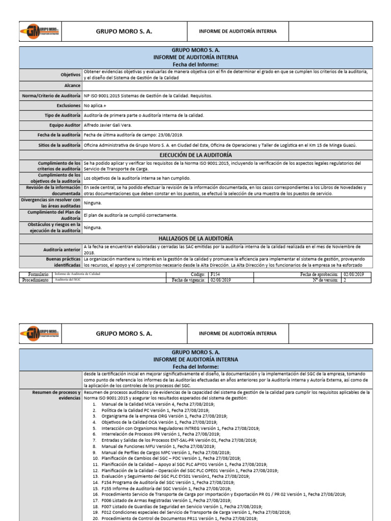 Informe de Auditoría Interna ISO 9001:2015 | PDF | Auditoría | Calidad ...