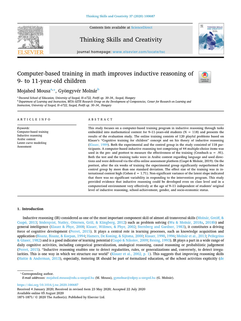 Computer-Based Training in Math Improves Inductive Reasoning of 9 - To ...