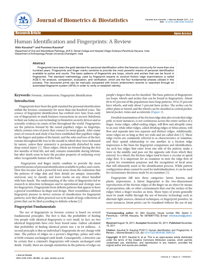Human Identification and Fingerprints A Review 2155 6180.1000123 | PDF ...