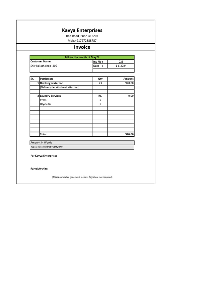 Invoice for Drinking Water Services | PDF | Receipt | Business