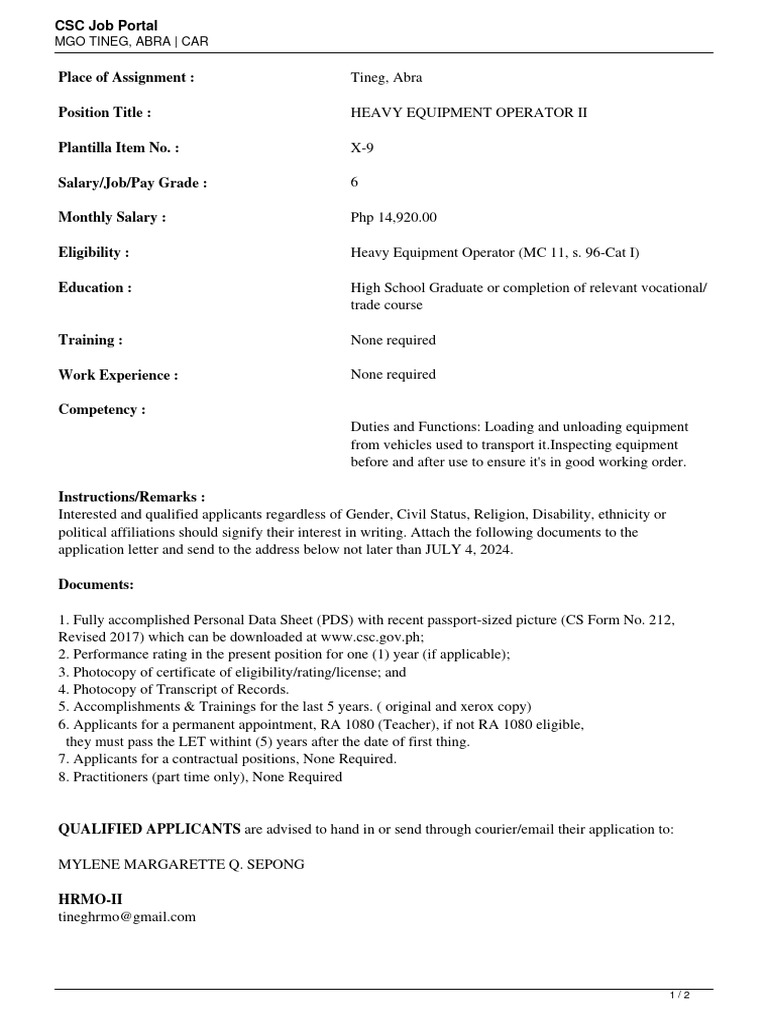 Mgo Tineg Abra-Heavy Equipment Operator Ii | PDF