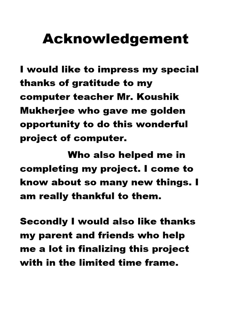 Acknowledgements for Computer Project | PDF