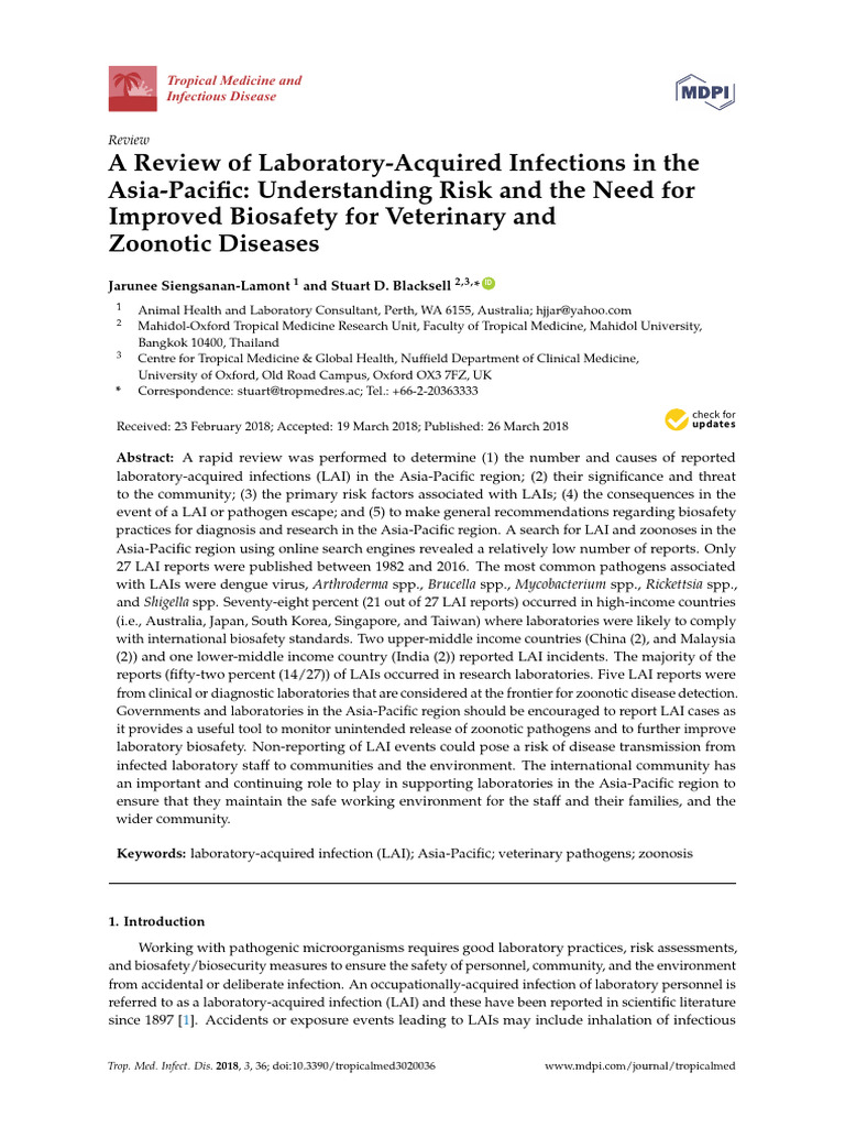 A review of laboratoryacquired infections in the asiapacific