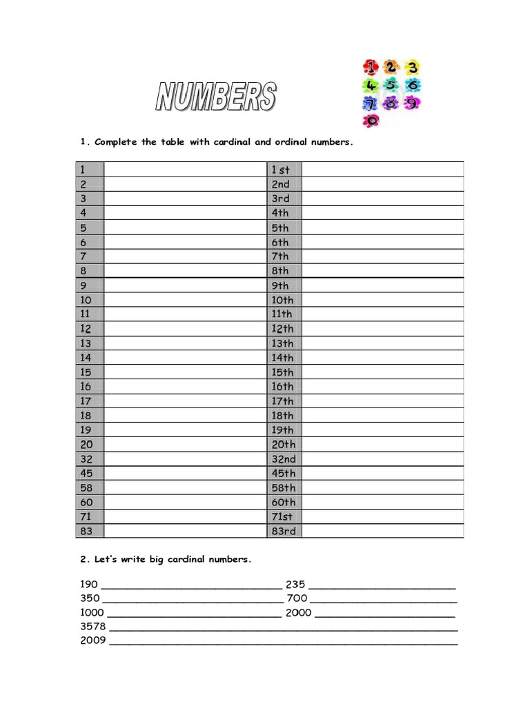 CARDINAL AND ORDINAL NUMBERS PDF EXERCISES intelligence overview