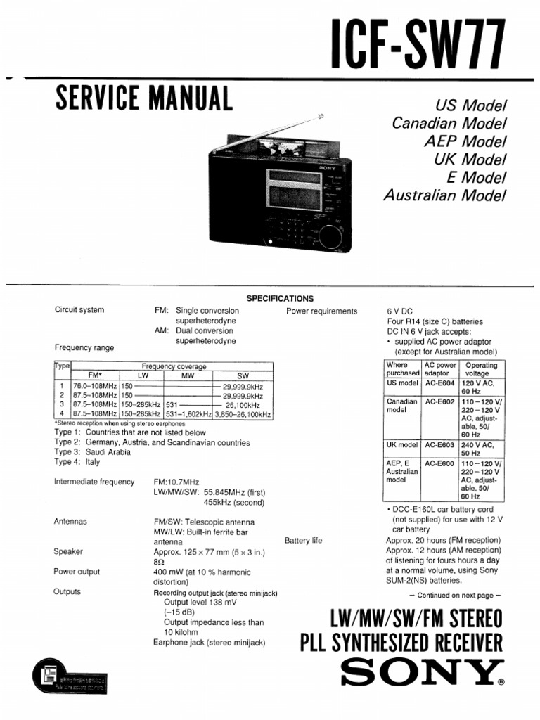 Sony ICFSW77 radio service manual PDF