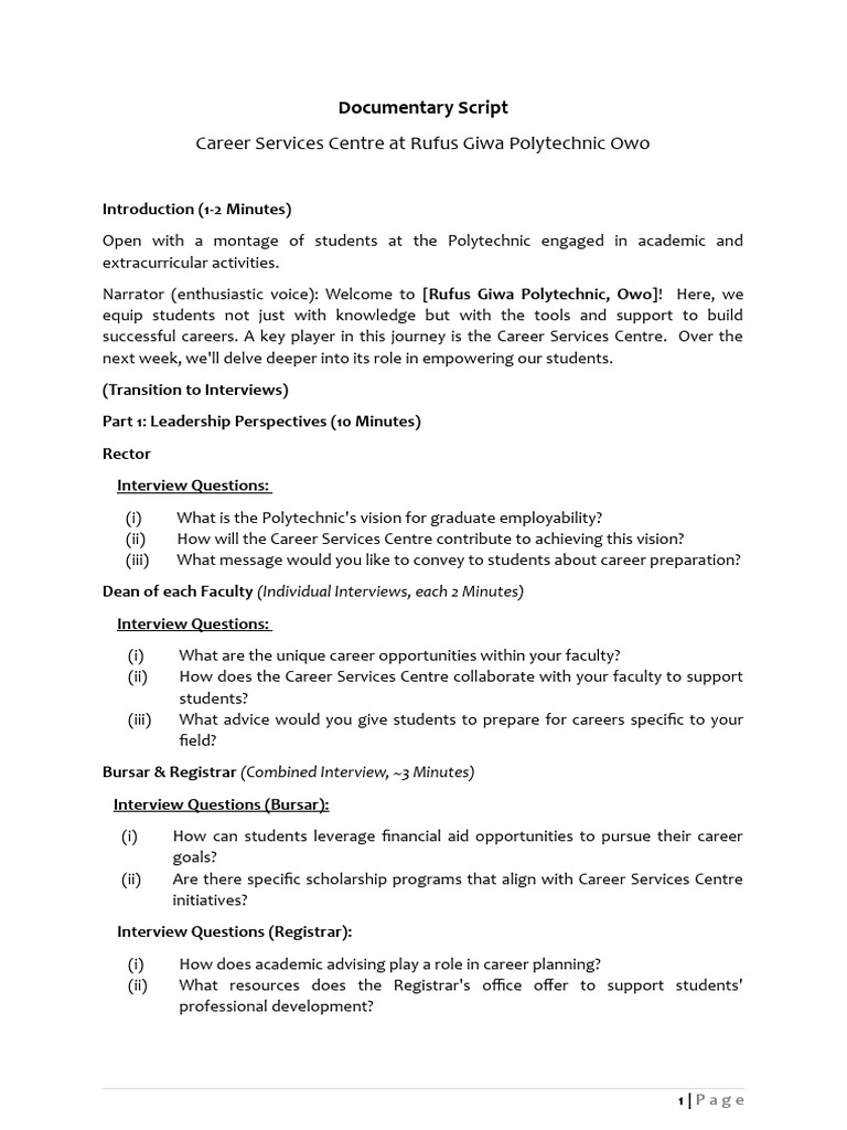 Documentary Script - Career Service Centre RUGIPO | PDF | Interview