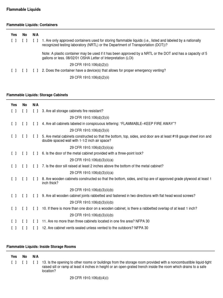 Flammable Liquids Safety Compliance Checklist | PDF | Building Engineering