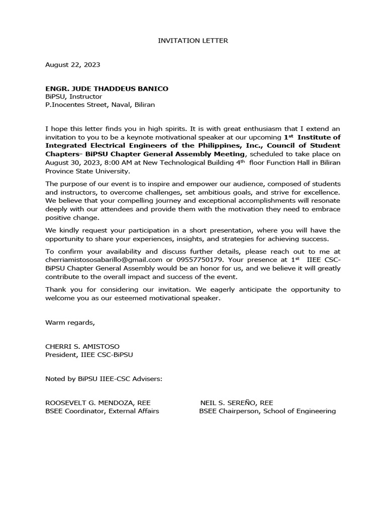 INVITATION LETTER MOTIVATIONAL SPEAKER ENGR. BANICO PDF