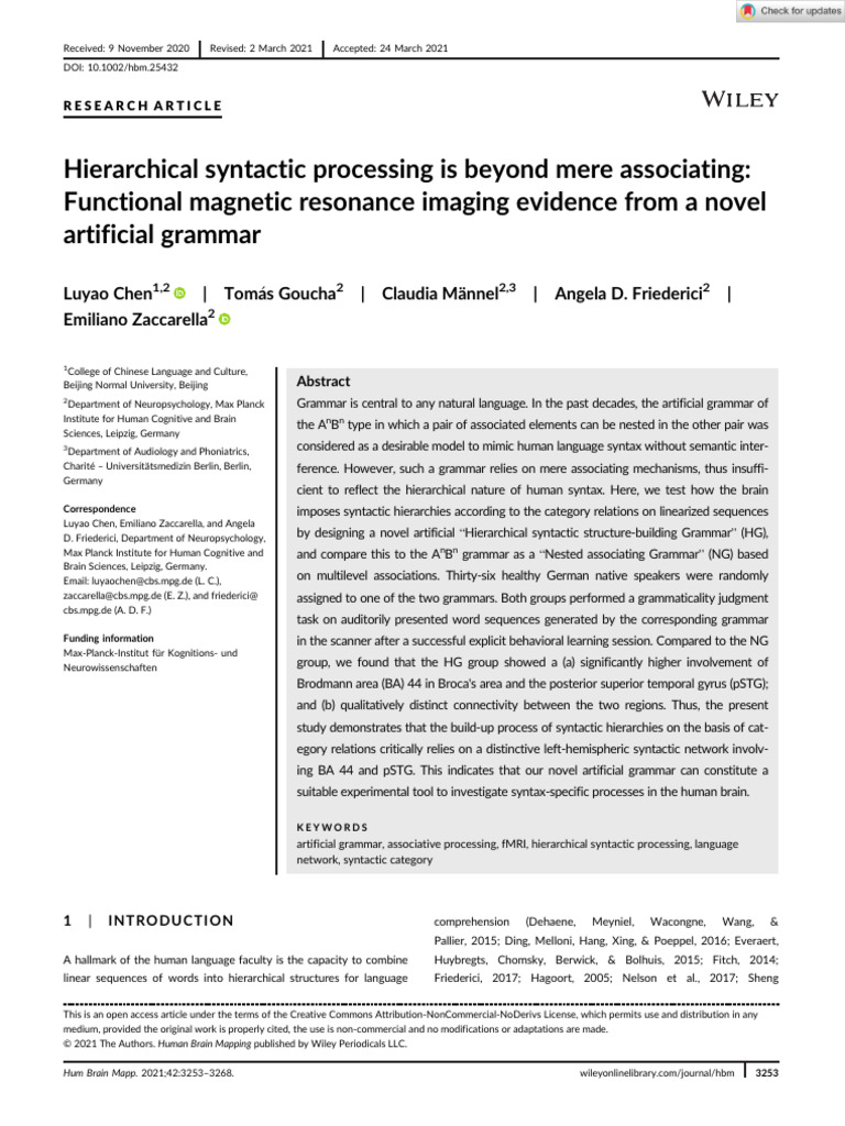 Hierarchical Syntactic Processing Is Beyond Mere Associating | PDF ...