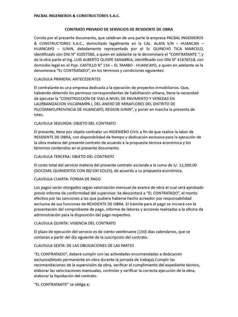 Contrato de Residente de Obra en Huancayo | PDF | Finanzas y dinero ...