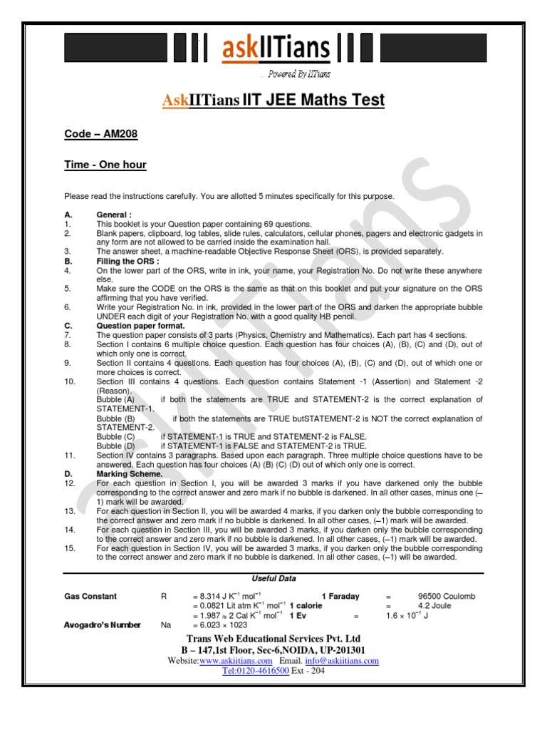 IIT JEE Maths Test Instructions and Format | PDF | Triangle ...