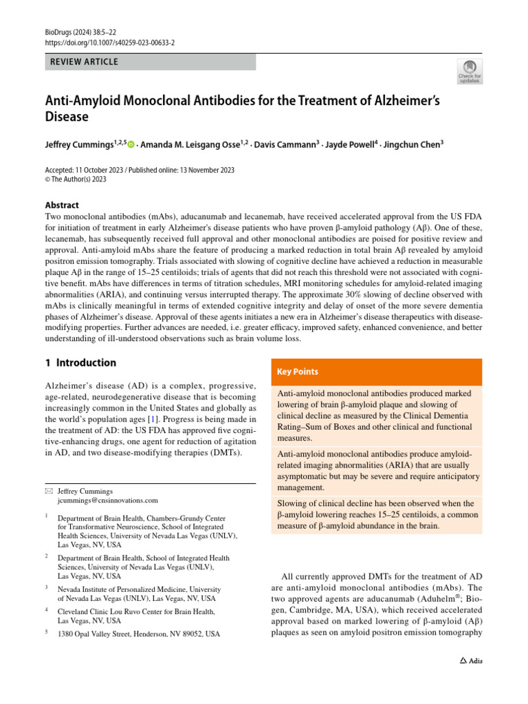 Anti Amyloid Monoclonal Antibodies For The Treatment of Alzheimer's ...