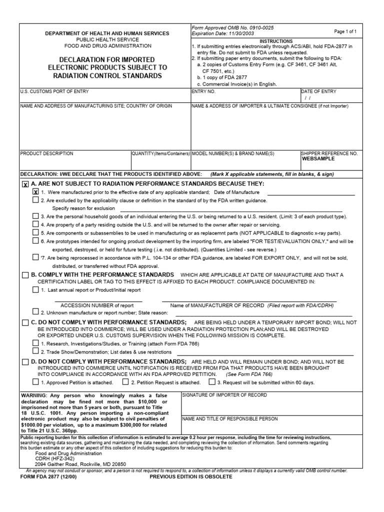 FDA 2877 Import Declaration Form | PDF | Food And Drug Administration