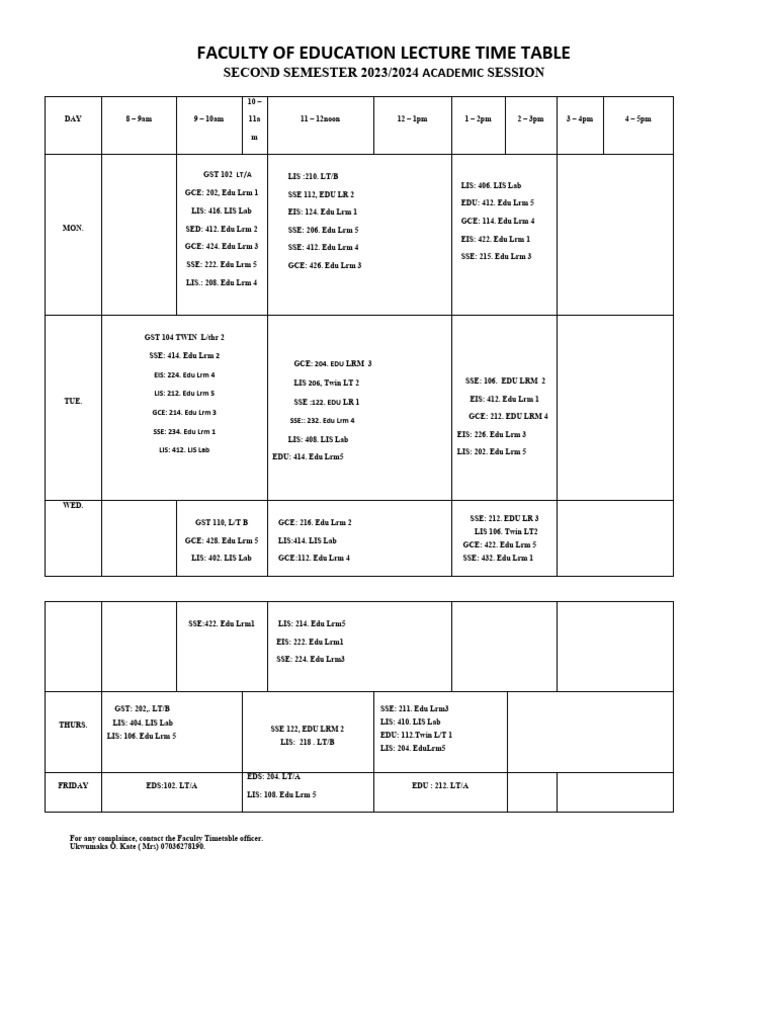 Faculty of Education Second Semester Timetable - Copy-1 (2) Updated | PDF