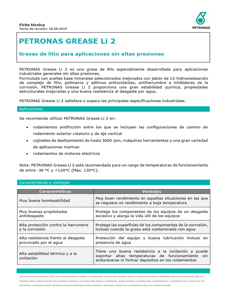 Petronas Grease Li 2 | PDF | Rodamiento (Mecánico) | Ingeniería mecánica