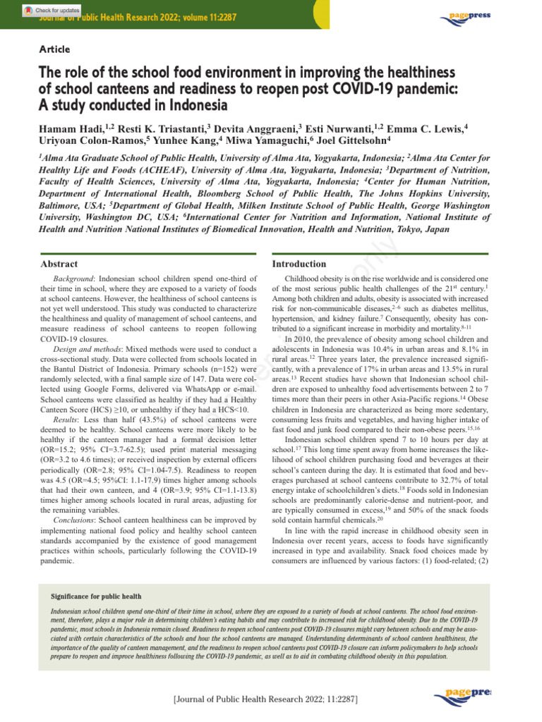 Healthiness of Indonesian School Canteens | PDF | Obesity | Health Sciences