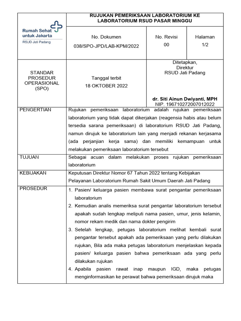 Prosedur Rujukan Lab RSUD Pasar Minggu | PDF | Kesehatan Holistik ...