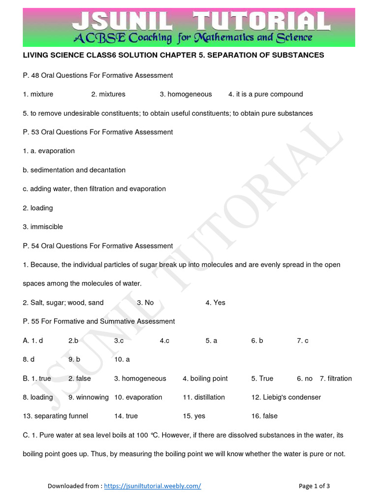 Class 6 Science: Separation of Substances | PDF | Mixture | Filtration
