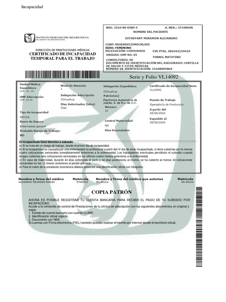 Certificado de Incapacidad Temporal 2024 | PDF | Cuidado de la salud ...